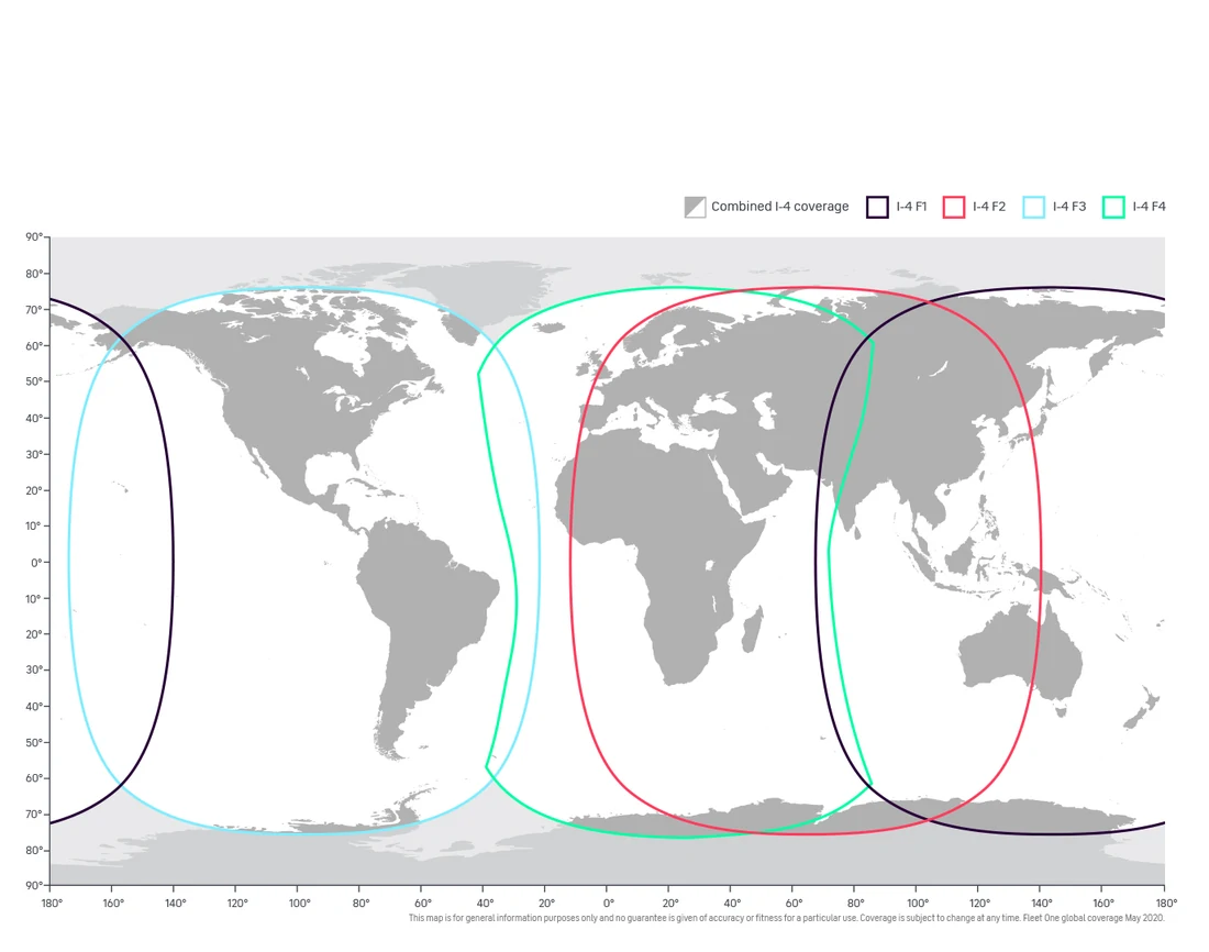 Fleet One Global 覆盖:四颗 I-4 卫星各自的覆盖圈