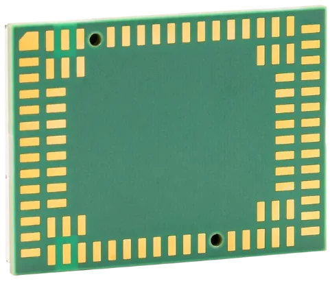 Iridium Certus 9704 模组的 LGA 焊盘面，四周密排金色焊盘