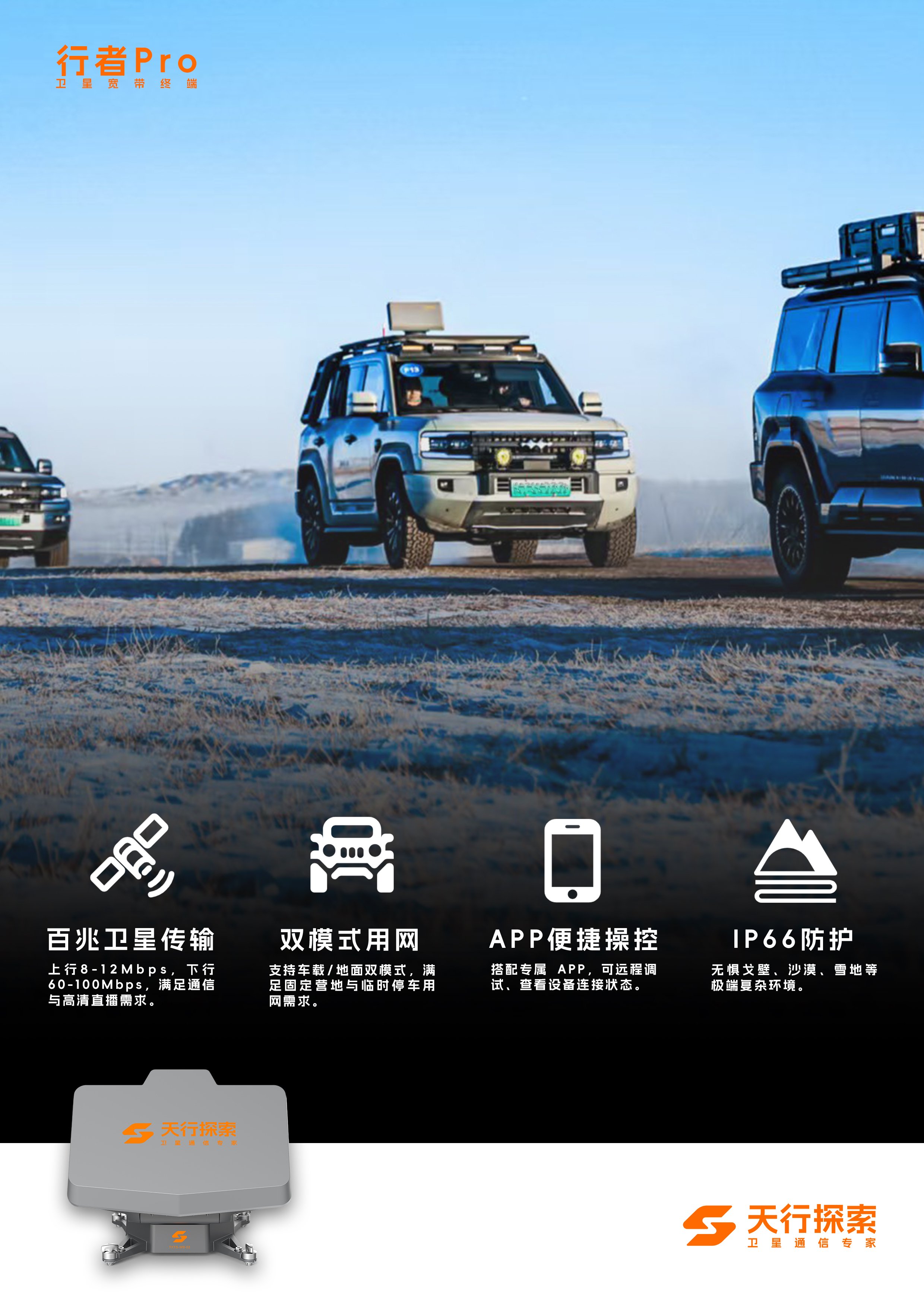 行者Pro 产品海报:车队场景与四项核心卖点
